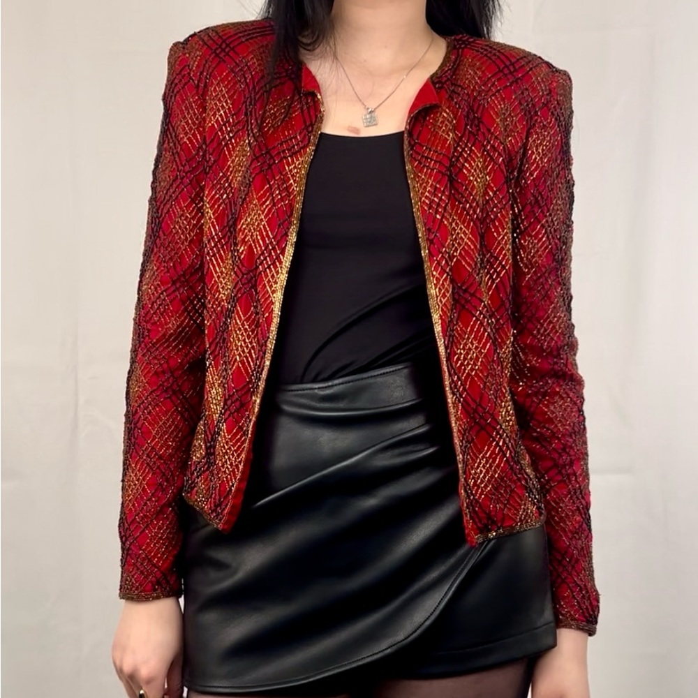 Vintage Papell Boutique Red and Gold Sequins Plaid Cropped Silk Evening Jacket